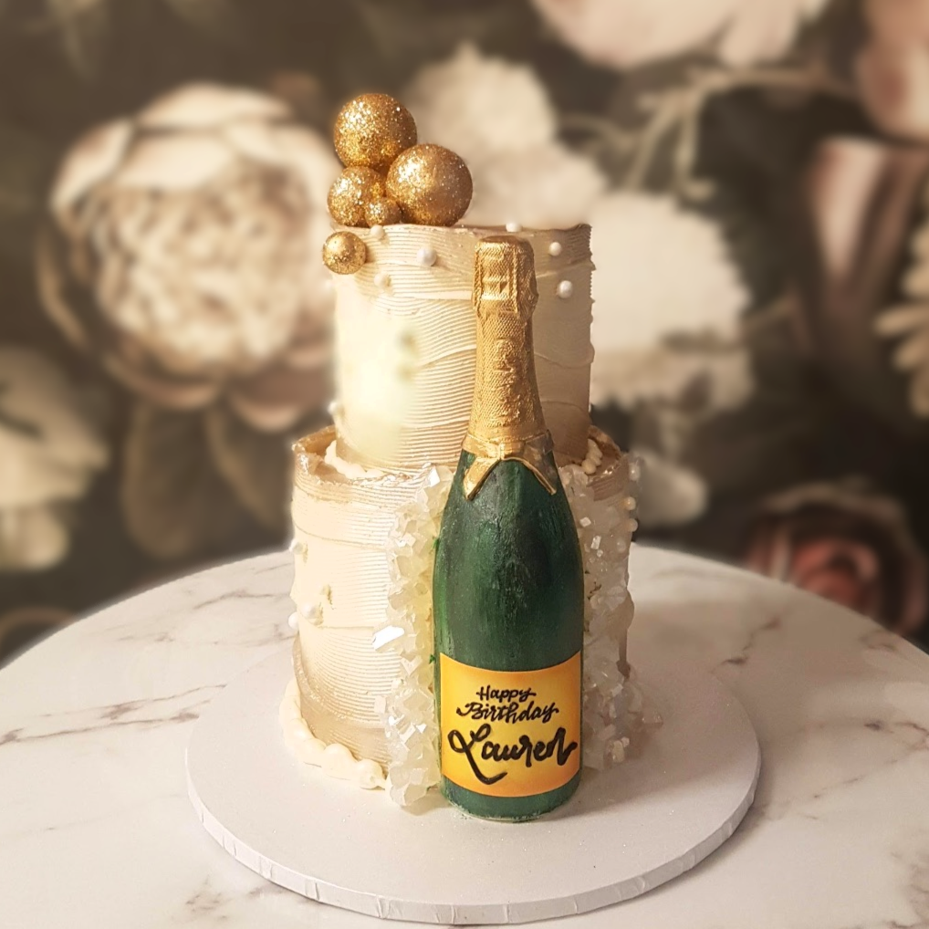 Golden Cheers Cake | Wine Bottle Cake | Personalized 3D Champagne Bottle, image size:1018x1018