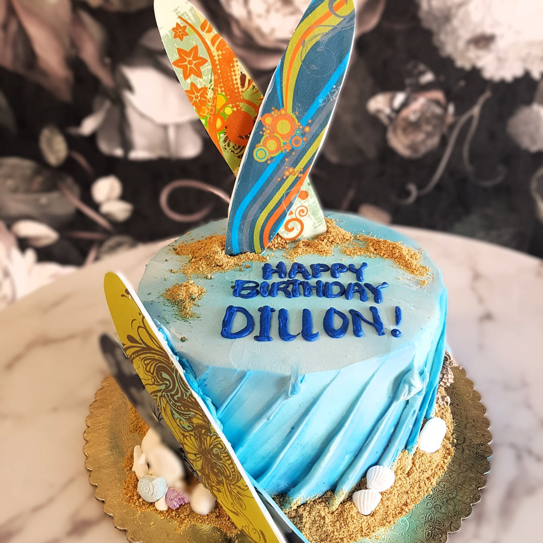 Summer cake, tropical themed cake, beach themed cake, bakery near me, best bakery vegas, sea themed cake, surfing, surf board