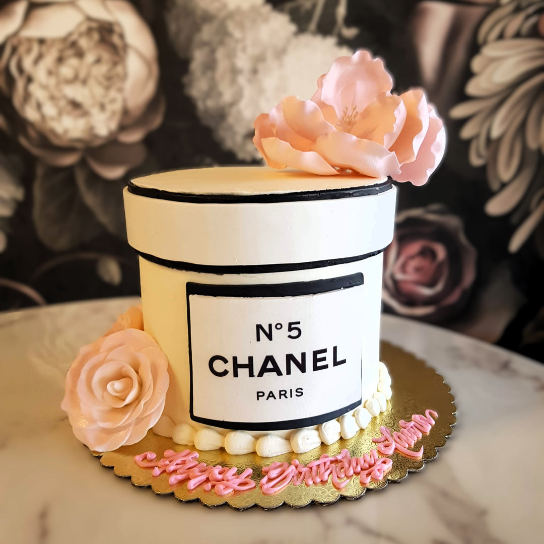 cake for girls, pink and white cake, cake delivery vegas, bakery near me, luxury cake, perfume inspired cake, mom's birthday, Mother's Day, girls cake, debut, lady's party, cake for sister, cake for her, chanel No. 5