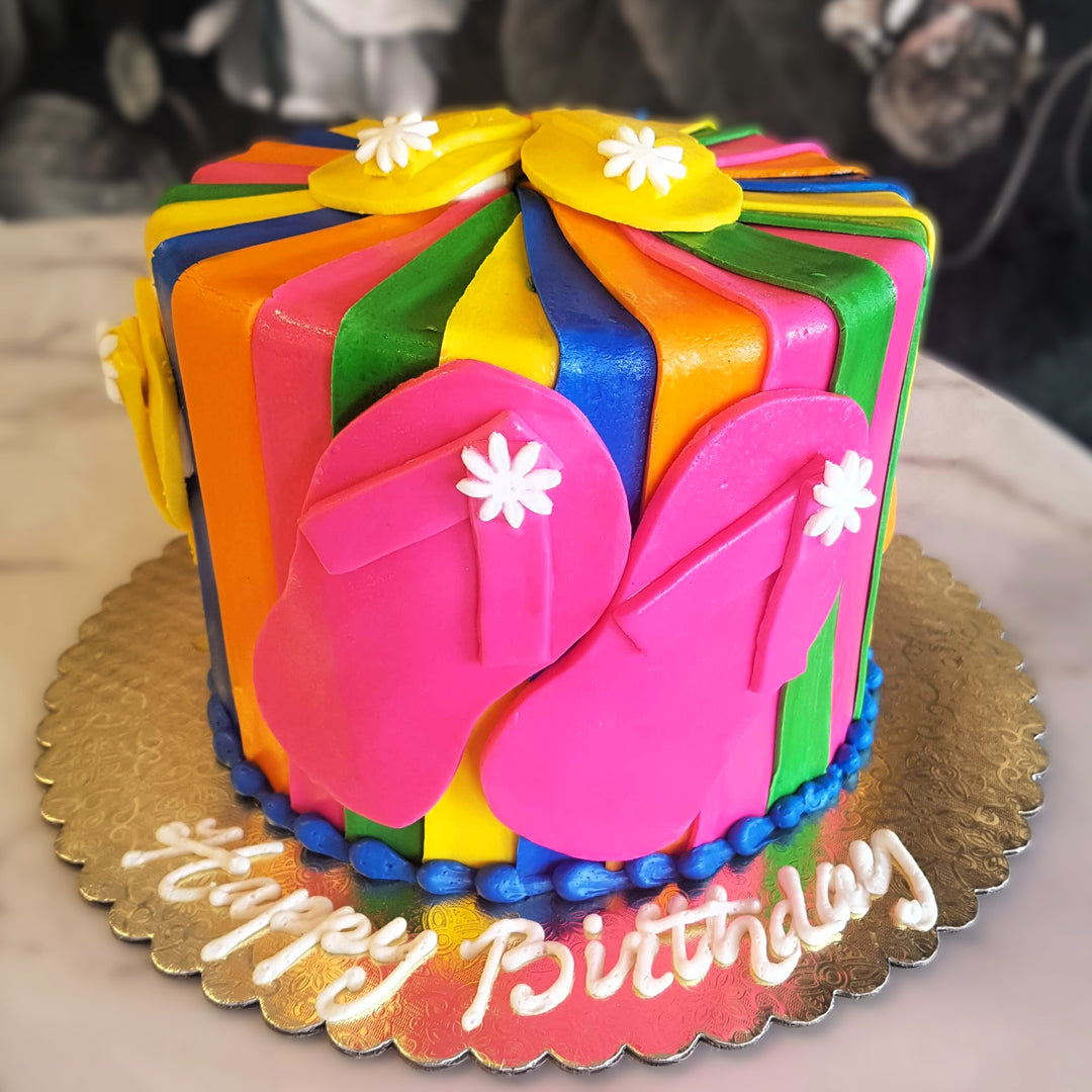 cute summer cake, neon cake, slippers, sandals, tropical tones, beach party, rainbow colors, pop color cake, fun cake, bakery near me, cake delivery vegas, fiesta vibes