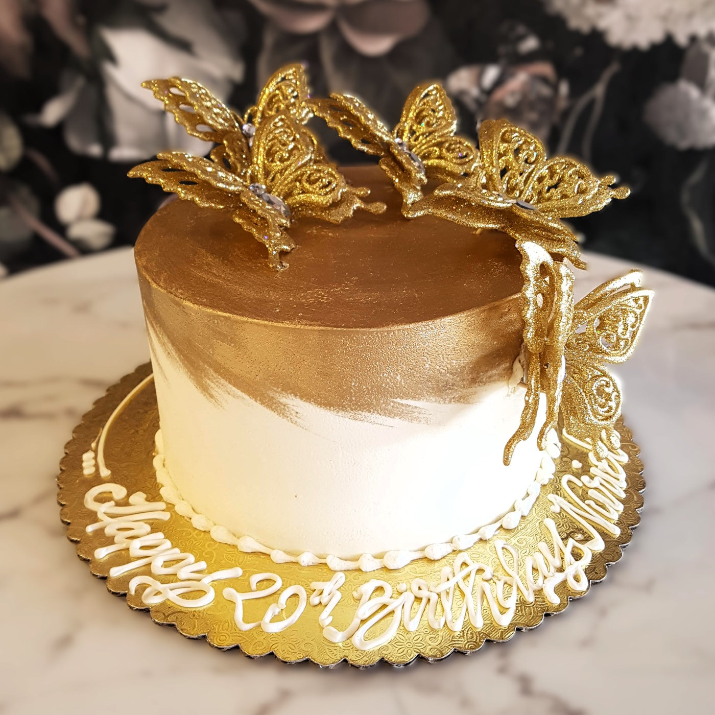 cake for girls, cake delivery vegas, bakery near me, classic cake, lady cake, 20s women, 16th birthday, 28th birthday, mom's birthday, gold and white cake, butterfly cake, enchanted