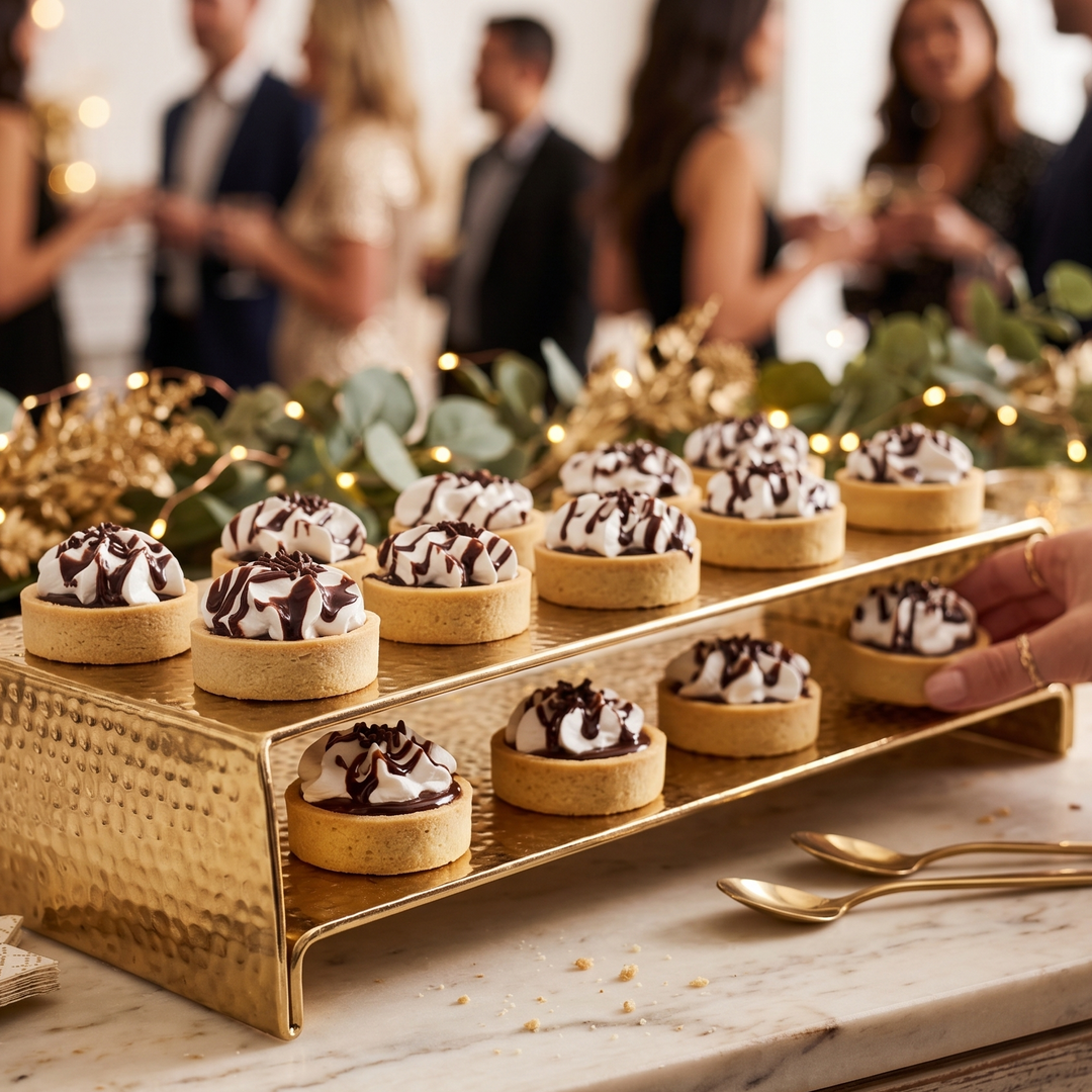 Small chocolate cream tartlet desserts on a gold stand with people in formal attire in the background