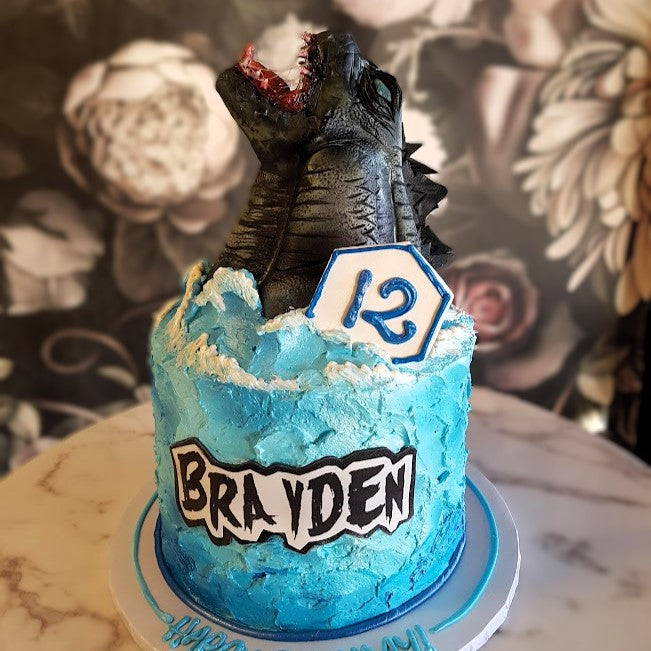 Godzilla Cake, Monster Cake, Cake delivery vegas, kids cake, boys cake, 12 year old birthday cake, boy party theme, Godzilla party, 
