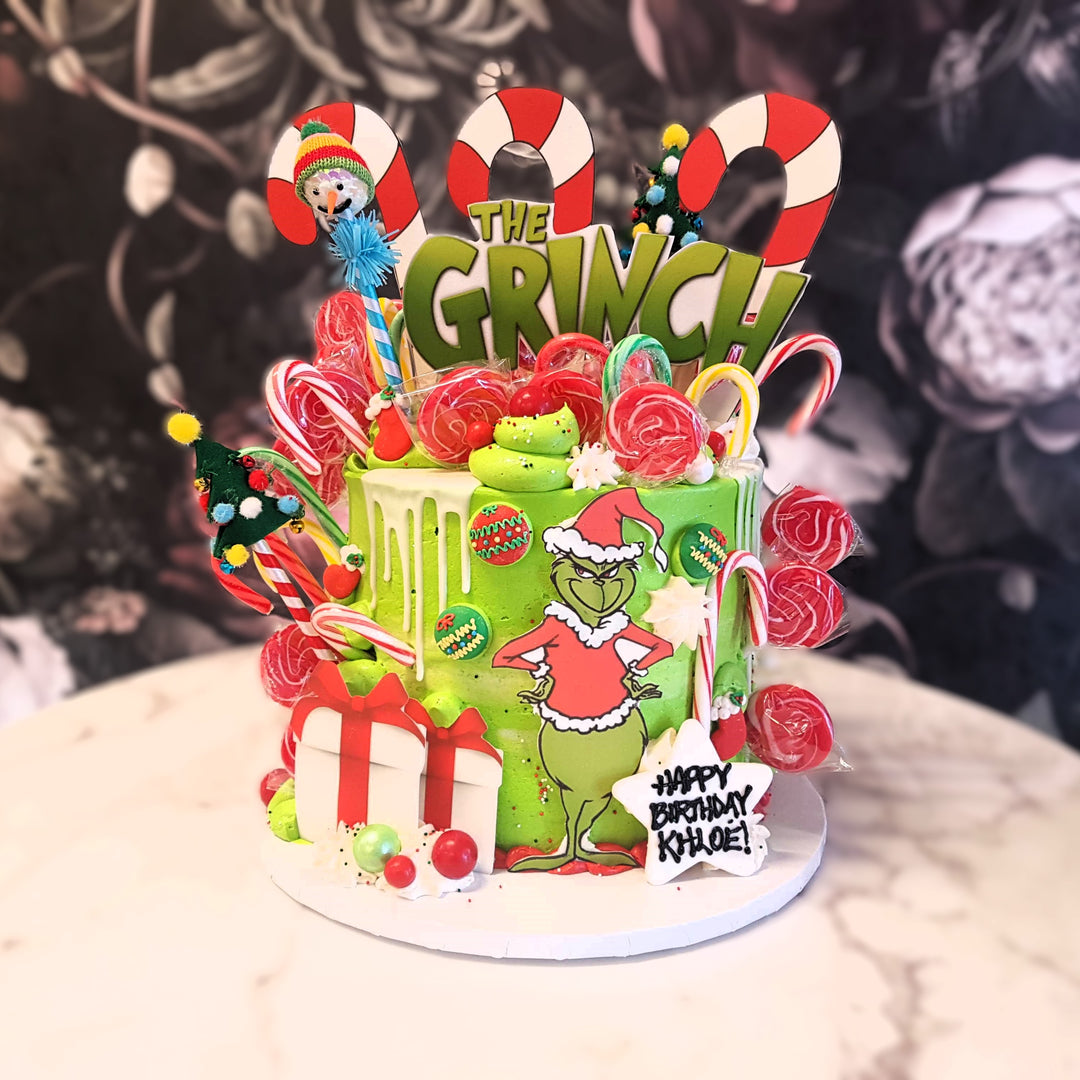 Christmas Cake, Holiday Cake, Vegas Cake Delivery, Las Vegas Holiday Party Cake, Bakery near me, The Grinch, candy cake