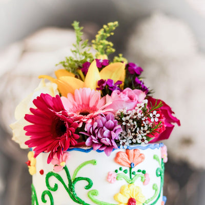 mexican cake, fiesta cake, encanto cake, colorful embroidery look