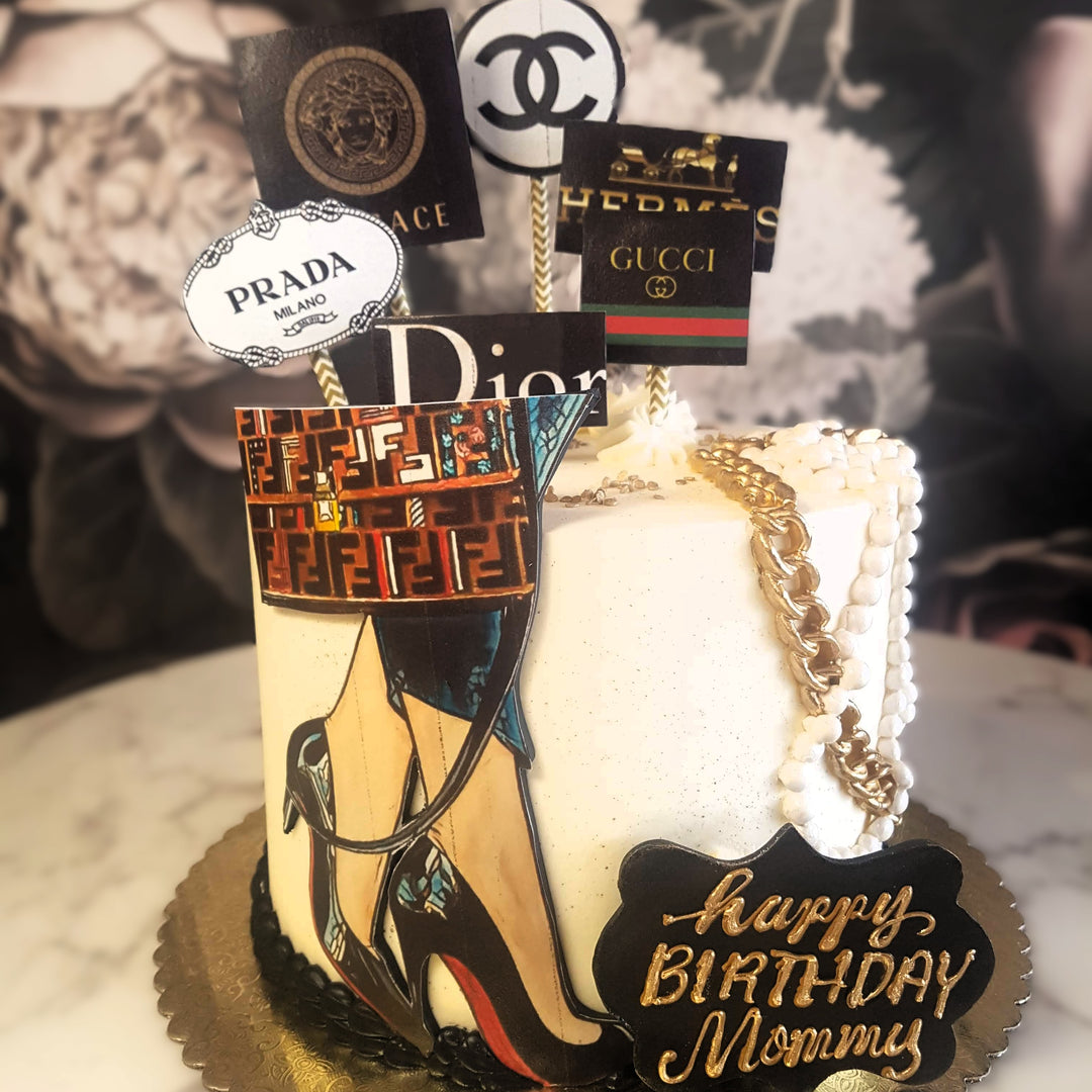 cake for girls, black and gold, cake with pearl, cake delivery vegas, bakery near me, Gucci, Chanel, Prada, Fendi, luxury cake, old lady cake, 50s women, 60th birthday, 65th birthday, mom's birthday, Mother's Day
