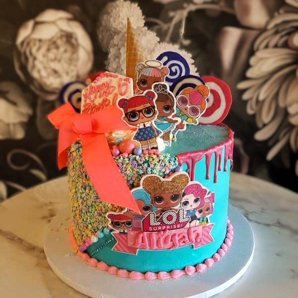 LOL Surprise Doll Cake, Girls Cake Vegas, Glitz and Glam Kids Cake, Bakery near me, Crystal Star, Groovy Babe, Class Prez, Candylicious, Lady Diva, Swag, Alt Grrrl, Royal Bee, and Cosmic Nova, little girl birthday cake, lol theme cake, pink and teal cake