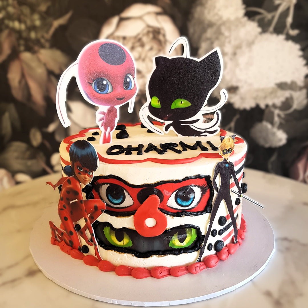 ladybug, cat noir, superhero cake, las vegas cakes, bakery near me