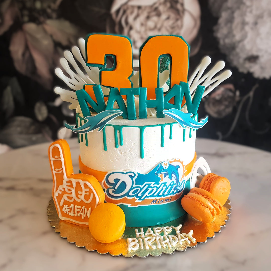 Miami dolphins, football cake, sports, hobibies, mens cake, superbowl, bakery vegas 