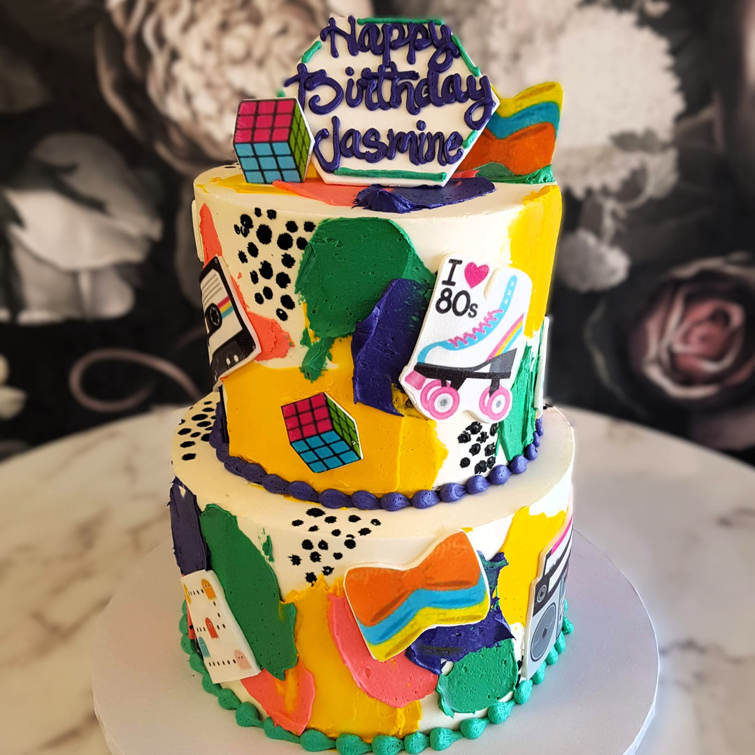 Roller skates, disco, 90's, 80's, retro party, rubics cube, cassette tapes, cake delivery, custom cakes vegas, best cake near me, vegas bakery