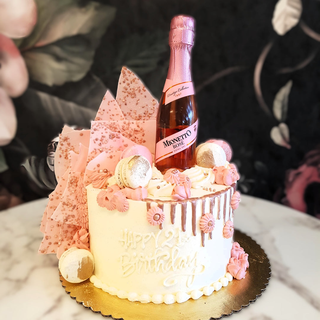 Wine cake, Girls Party, Ladies Cake, 30's women, 21st birthday, bachelorette's party, pink and white, rosegold, Mionetto prosecco rosé, Las Vegas delivery, Bakery near me 