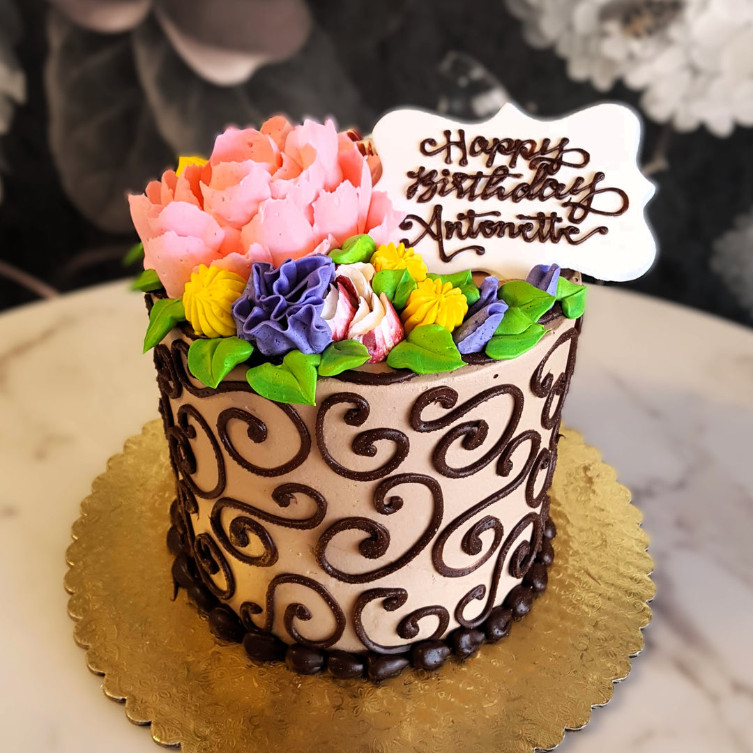 choco floral cake, cake for girls, cake for spring, floral cake, cake delivery vegas, bakery near me, April birthday, March birthday, classic cake, old lady cake, 50s women, 60th birthday, 65th birthday, mom's birthday 