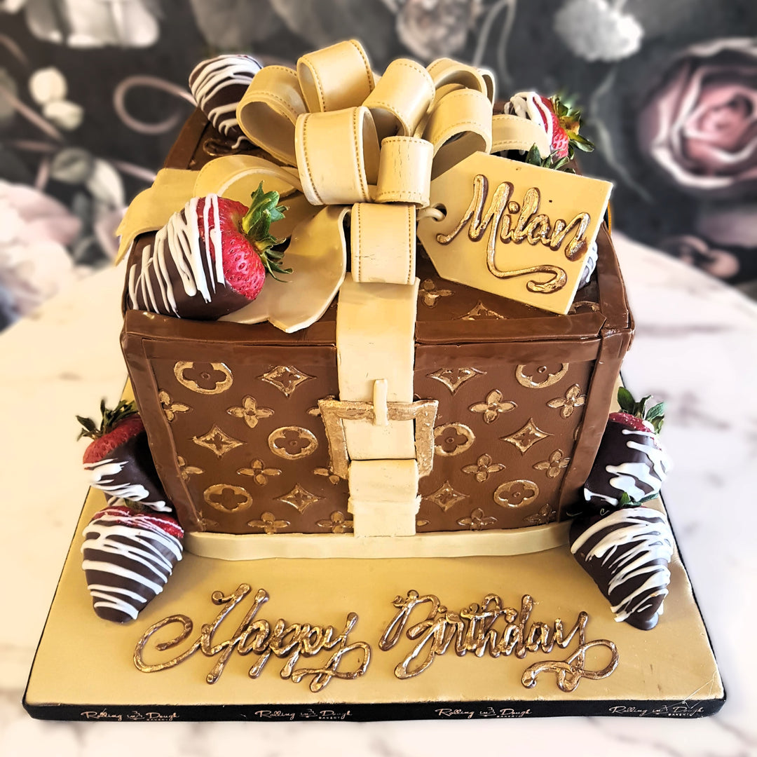 Louis Vuitton, luxury cake, women's cake, cake for her, choco strawberries, 50th birthday, Mother's day, cake for girls