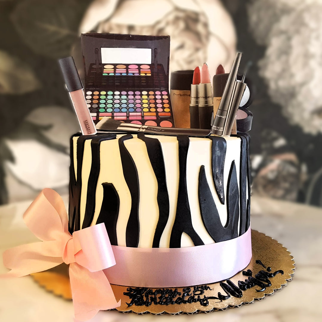 make up cake, cake for ladies, cake delivery vegas, bakery near me, classic cake, cake for mom, cake for girlfriend, mom's birthday, mac, lipstick cake, animal print, zebra