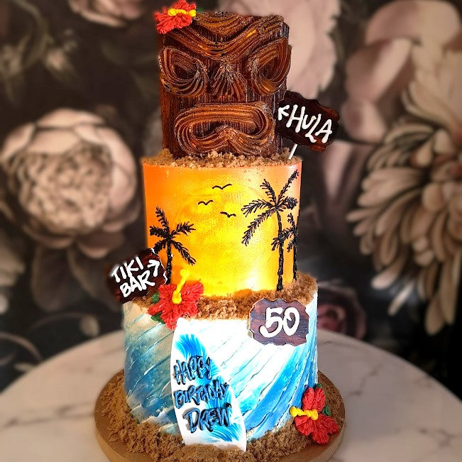 Summer Cake, Tiki bar cake, Tropical Season Cake, Cake delivery Vegas, bakery near me Hawaii cake, luau cake, surf cake, beach cake, hula cake, Polynesian birthday, 7th island 