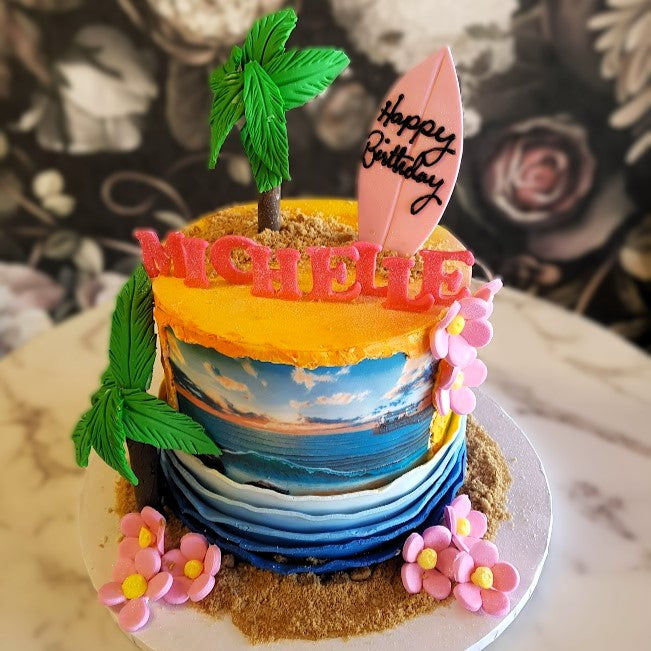 Surf cake, Hawaii cake, luau cake, Polynesian cake, Summer cake, tropical themed cake, beach themed cake, bakery near me, best bakery vegas, July birthday, May Birthday, June birthday 