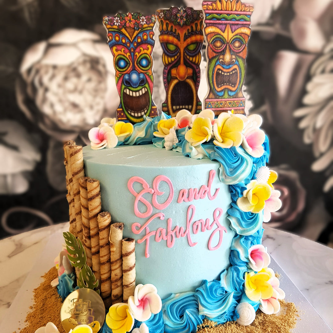 Surf cake, Hawaii cake, luau cake, Polynesian cake, Summer cake, tropical themed cake, beach themed cake, bakery near me, best bakery vegas, July birthday, May Birthday, June birthday 