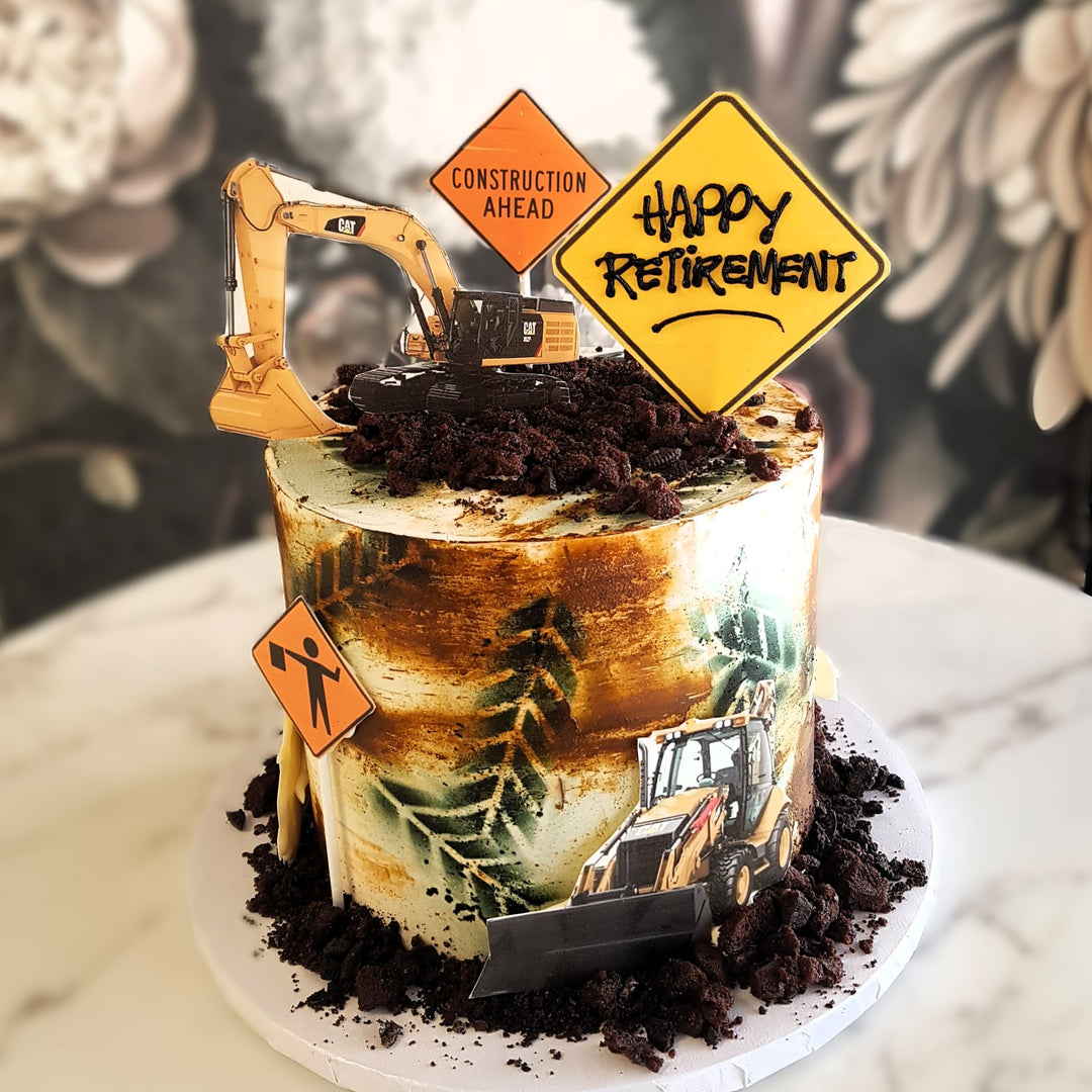Retirement cake, construction site, engineer, foreman, cool cakes, mens birthday, bakery vegas, cake delivery, excavator