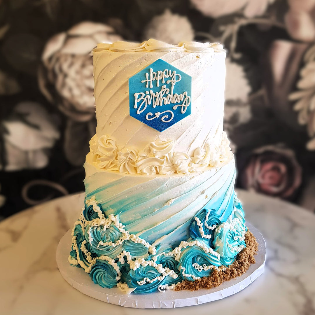 Summer cake, tropical themed cake, beach themed cake, bakery near me, best bakery vegas, waves, ocean
