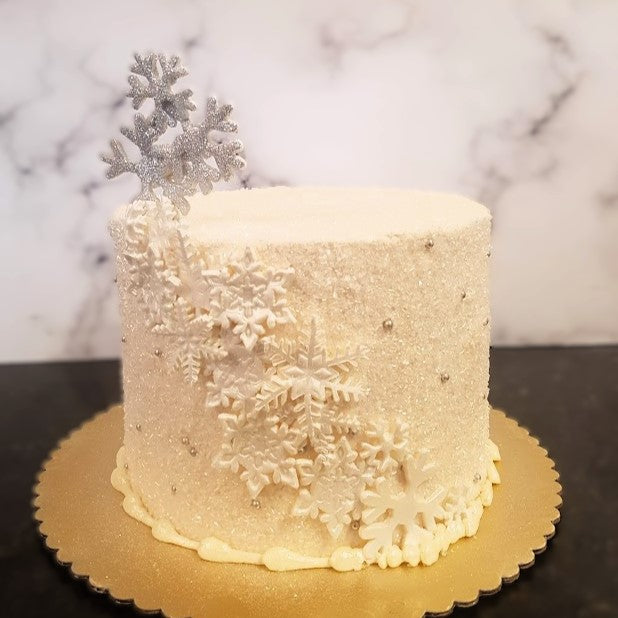 Winter themed cake, winter palette cake, thanksgiving cake, holiday cake vegas, bakery near me, birthday cake, vegas cake delivery, silver winter, January birthday, snowflake cascade cake