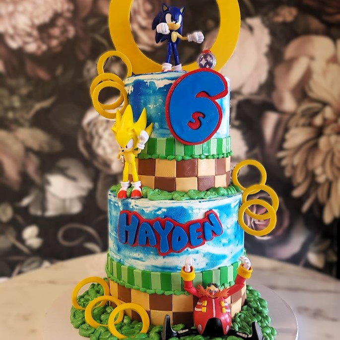 Super Sonic Kids Cake, Sonic the Hedgehog, two-tier cake, bakery near me, best cake Vegas