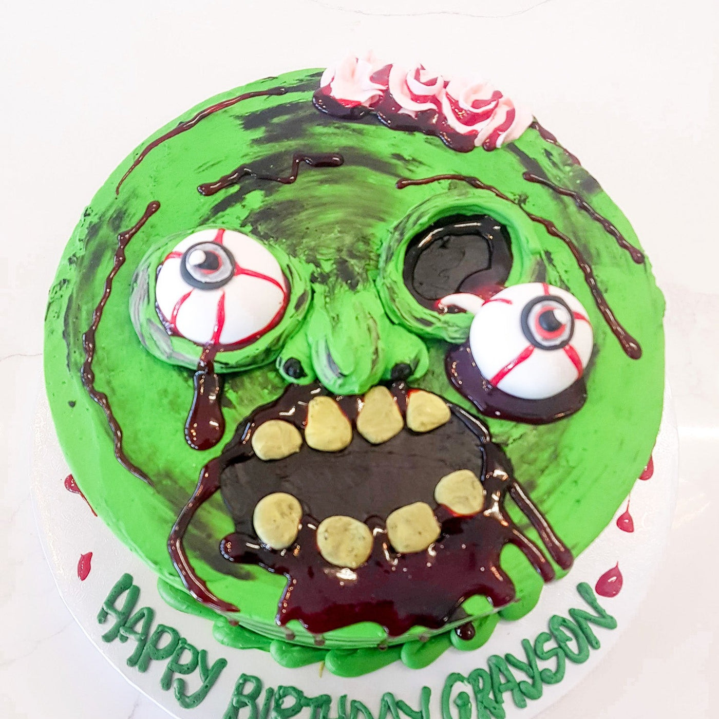 zombie cake, undead cake, green halloween cake, gore cake, gross cake, halloween birthday, halloween party