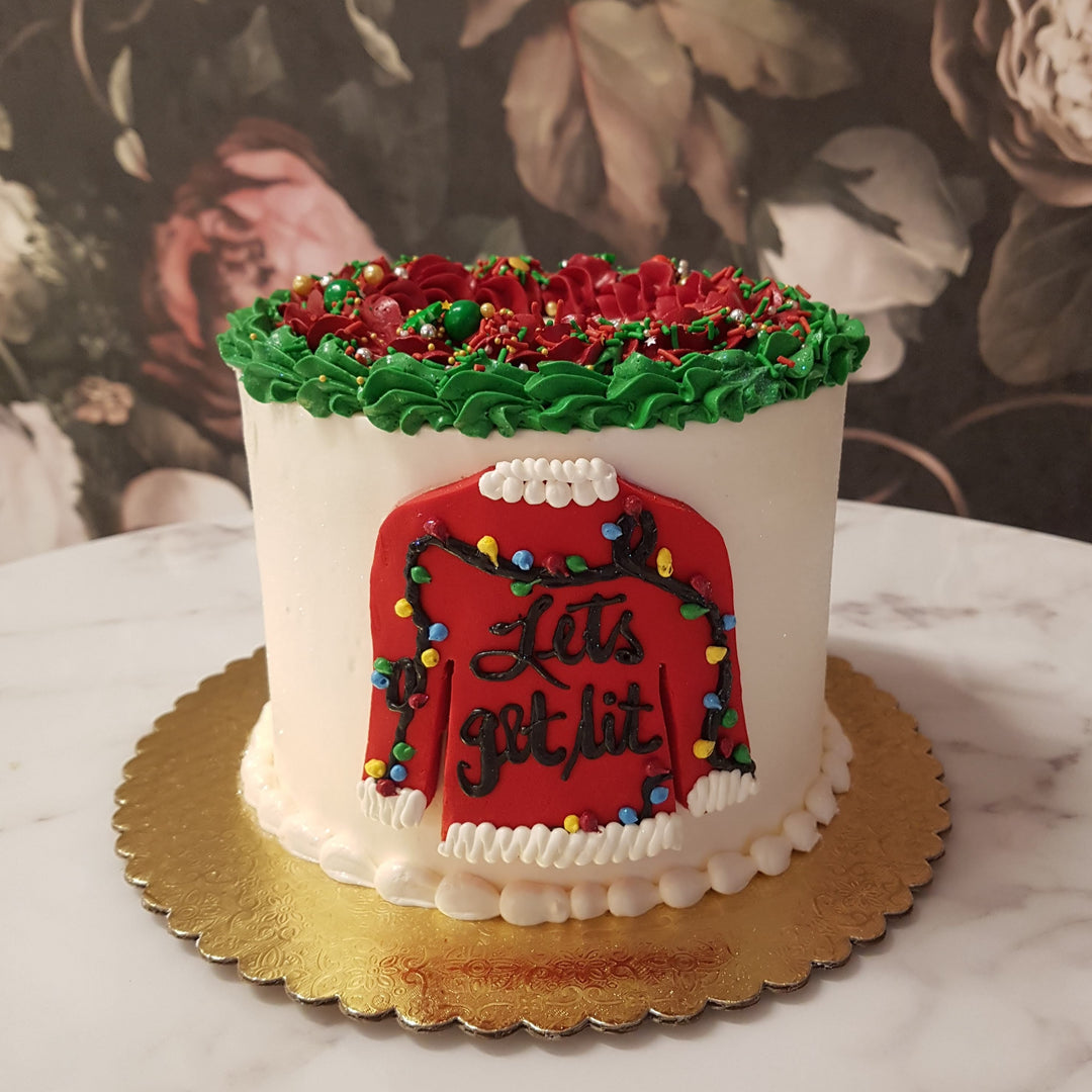 ugly christmas sweater cake, get lit cake, funny holiday party, ugly christmas sweater party, ugly sweater