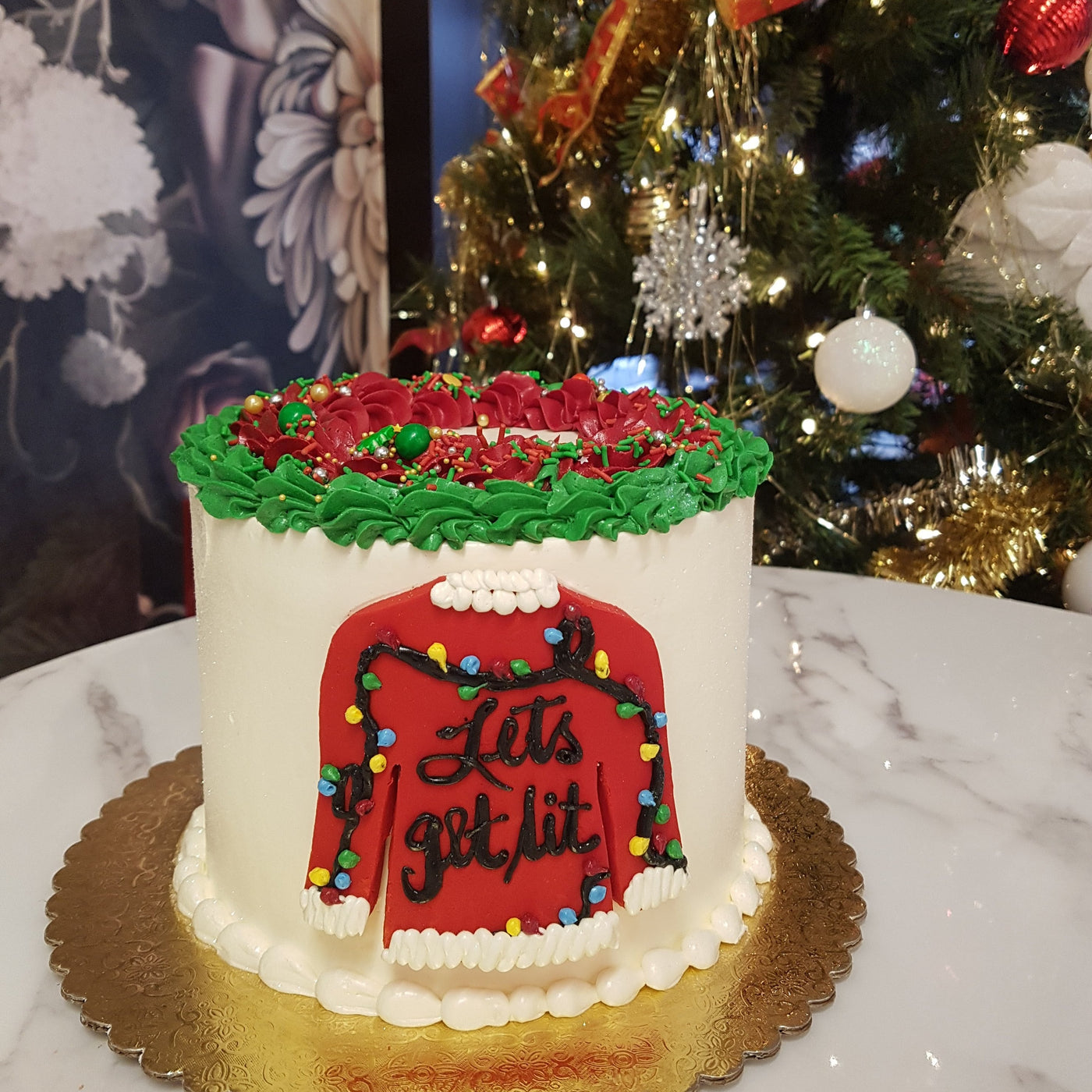 Ugly Christmas sweater cake, holiday party, yummy, delishus, online cake, delivery holiday office party cake