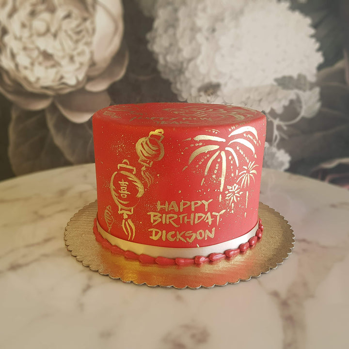 Chinese new year, chinese birthday, red and gold cake, chinese zodiac cake