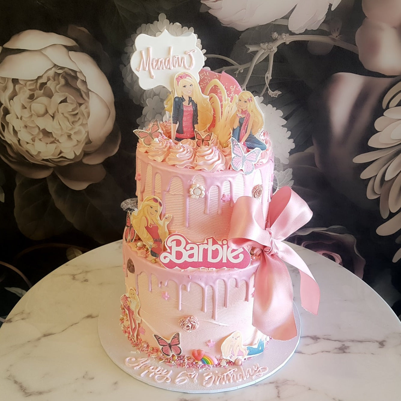 barbie cake butterflies and ribbon