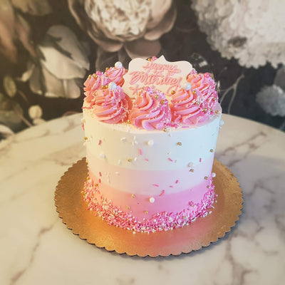 Ombre cakes are here to stay, throw in a couple of dragees, beads and sprinkles and we have ourselves a great pink birthday cake! Hey girl, is your birthday coming up? How about we go all pink? Not just one kind of pink. Let's do an entire spectrum of pink? 