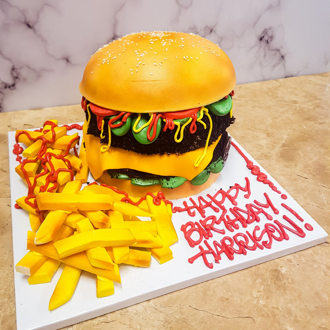 food cake, april fools cake, is it cake? ,burger cake, delicious cake, fries an ketchup, in and out cake